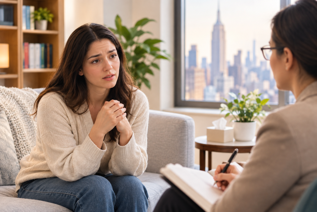 Woman discussing anxiety and emotional concerns with her therapist
