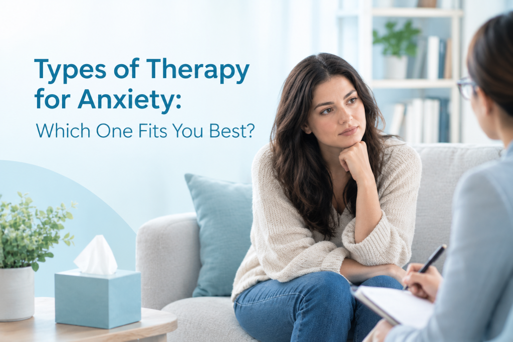 Types of therapy for anxiety, featuring a woman talking with her therapist in a calm counseling setting.